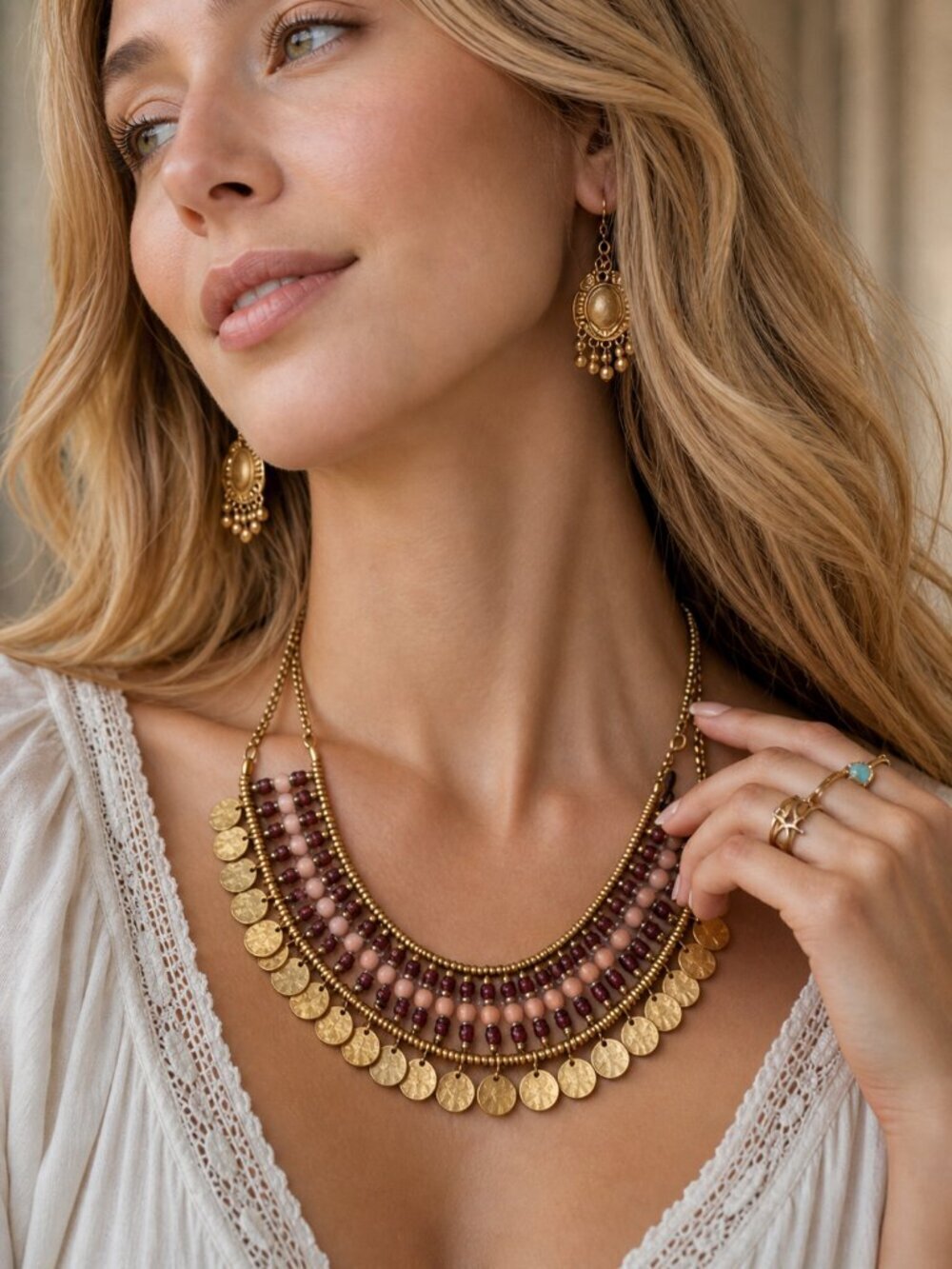 Artisan Handmade Glass Bead Coin Charm Bib Necklace Antique Gold Bohemian 16in